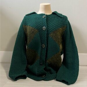 vintage textured knit cardigan sweater emerald green with argyle green pattern